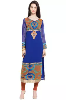 Blue Embroidered Georgette Stitched Long Kurti