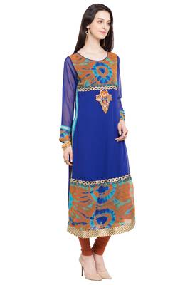 Blue Embroidered Georgette Stitched Long Kurti 7