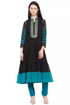 Black Embroidered Georgette Stitched Long Kurti