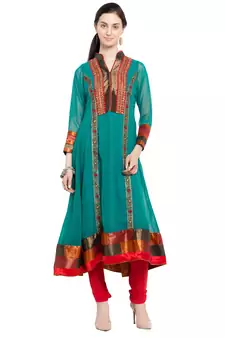 Green Embroidered Georgette Stitched Long Kurti