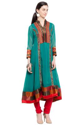 Green Embroidered Georgette Stitched Long Kurti 8