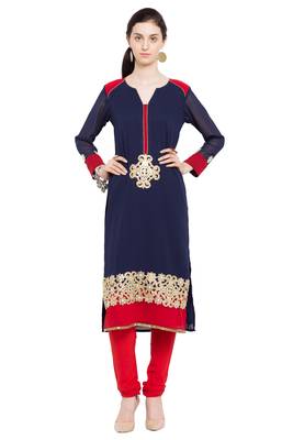 Blue Embroidered Georgette Stitched Long Kurti 2