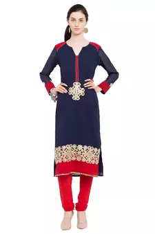 Blue Embroidered Georgette Stitched Long Kurti