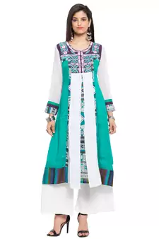 Green Embroidered Cotton Stitched Long Kurti