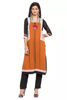 Mustard Embroidered Cotton Stitched Long Kurti