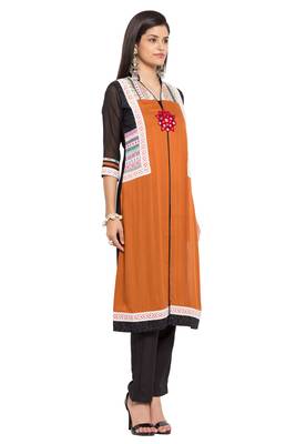 Mustard Embroidered Cotton Stitched Long Kurti 7