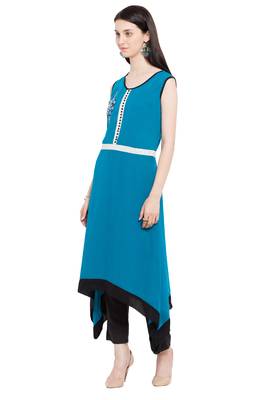 Blue   Embroidered Georgette Stitched Long Kurti 8
