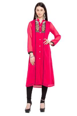 Pink   Embroidered Georgette Stitched Long Kurti 2