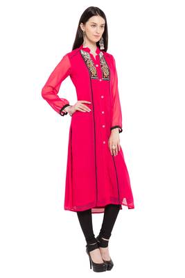 Pink   Embroidered Georgette Stitched Long Kurti 8