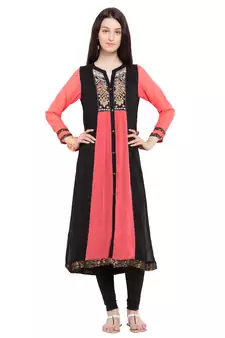 Pink   Embroidered Georgette Stitched Long Kurti