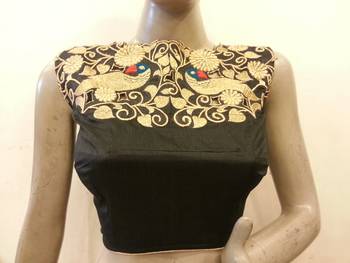 Black Dupion silk blouse with Front Zari Embroidery, Boat neck 1