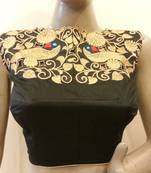Black Dupion silk blouse with Front Zari Embroidery, Boat neck