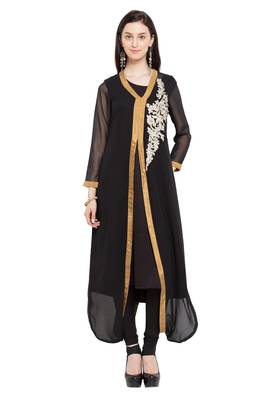 Black   Embroidered Georgette Stitched Long Kurti 2