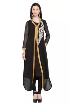 Black   Embroidered Georgette Stitched Long Kurti