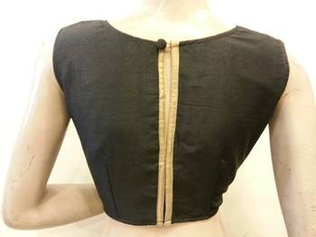 Black Dupion silk blouse with Front Zari Embroidery, Boat neck 2