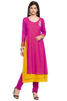 Pink   Embroidered Georgette Stitched Long Kurti 2