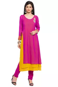 Pink   Embroidered Georgette Stitched Long Kurti