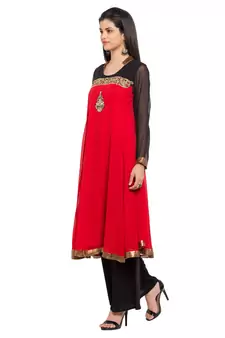 Red   Embroidered Georgette Stitched Long Kurti