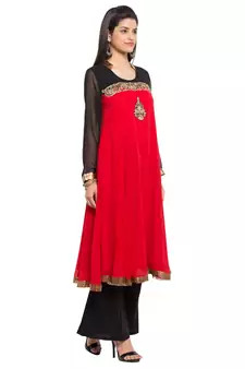 Red   Embroidered Georgette Stitched Long Kurti