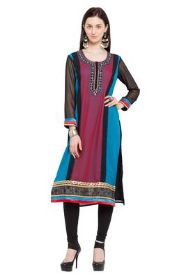 Blue Printed Georgette Stitched Long Kurti 1