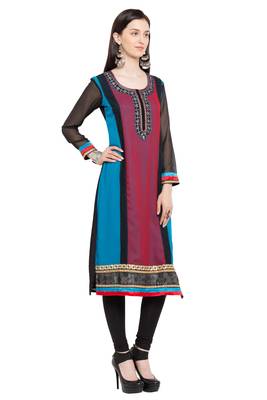 Blue Printed Georgette Stitched Long Kurti 2