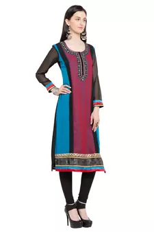 Blue Printed Georgette Stitched Long Kurti