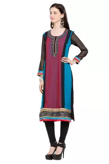 Blue Printed Georgette Stitched Long Kurti