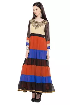 Beige Printed Georgette Stitched Long Kurti
