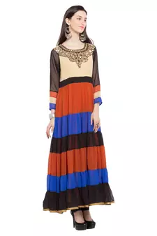 Beige Printed Georgette Stitched Long Kurti