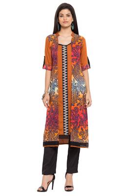 Orange Printed Cotton Stitched Long Kurti 1