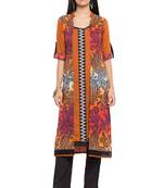 Orange Printed Cotton Stitched Long Kurti