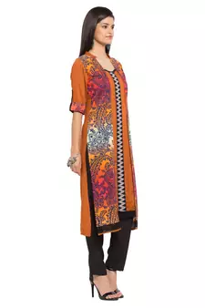 Orange Printed Cotton Stitched Long Kurti