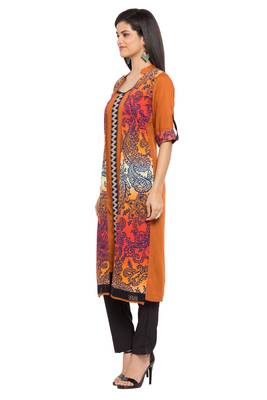 Orange Printed Cotton Stitched Long Kurti 3