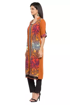 Orange Printed Cotton Stitched Long Kurti
