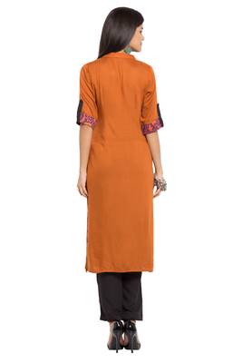 Orange Printed Cotton Stitched Long Kurti 4
