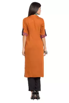 Orange Printed Cotton Stitched Long Kurti
