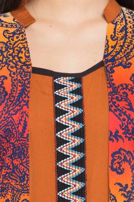 Orange Printed Cotton Stitched Long Kurti 5