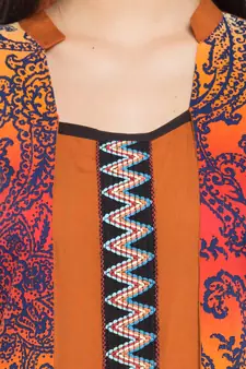 Orange Printed Cotton Stitched Long Kurti