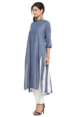 Grey Plain Cotton Stitched Long Kurti 2