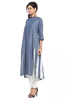 Grey Plain Cotton Stitched Long Kurti