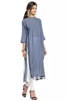 Grey Plain Cotton Stitched Long Kurti