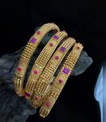 Gold Plated Pink Colour Stones Bangles