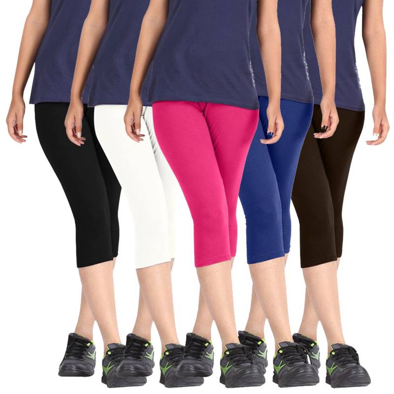 Pixie Cotton Lycra 190 GSM, 4 Way Stretchable (Pack of 5) Women capris-3-4-pants