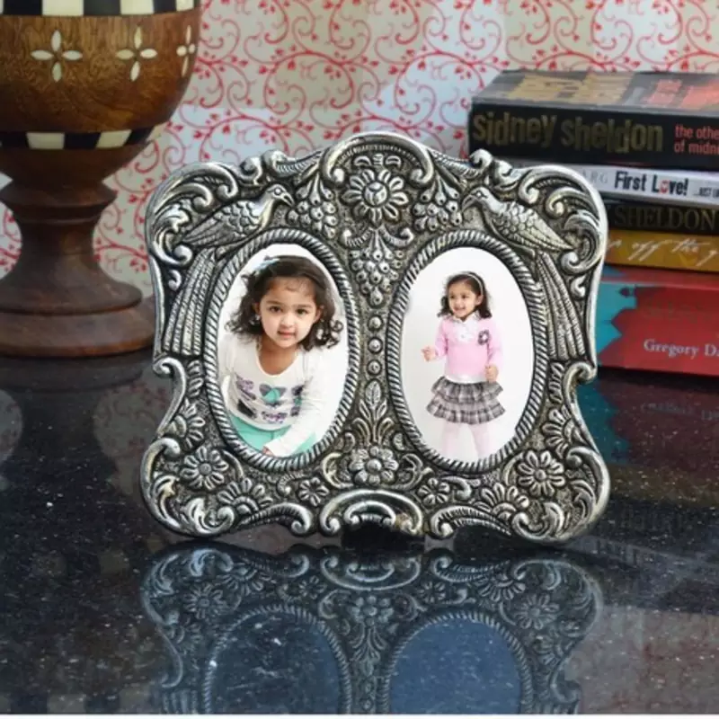 Antique Finish White Metal Round Photo Frame for 2 Photos