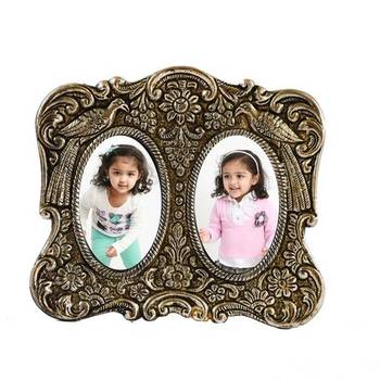 Antique Finish White Metal Round Photo Frame for 2 Photos 2