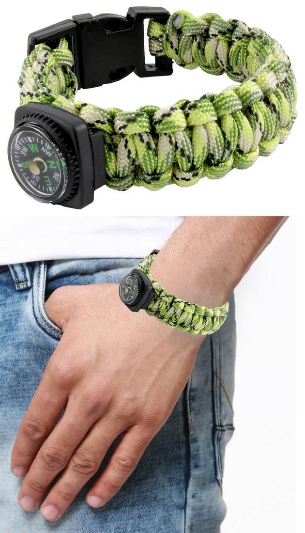 Black Compass Neon Green White Outdoor Camping Adventure Compass Wrist Band Bracelet For Boys Men