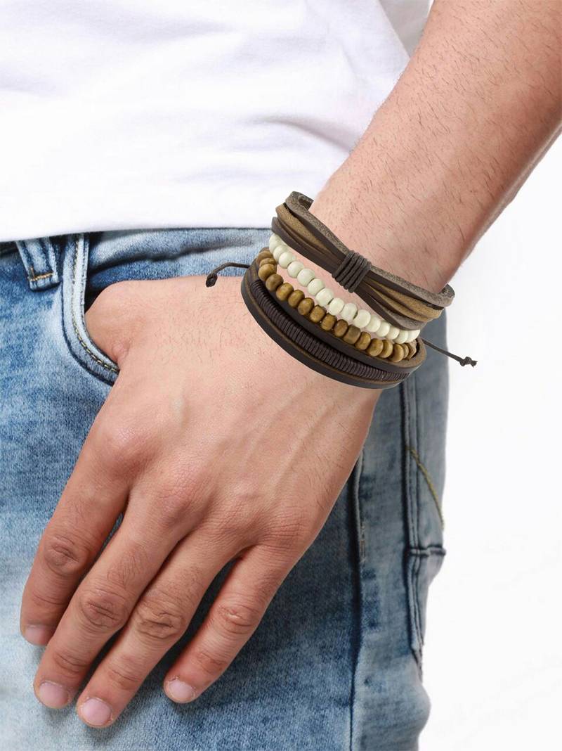 Vintage Biker Multi Strand Brown Bead 100% Genuine Leather Free Size Wrist Band Strap Bracelet Boys Men