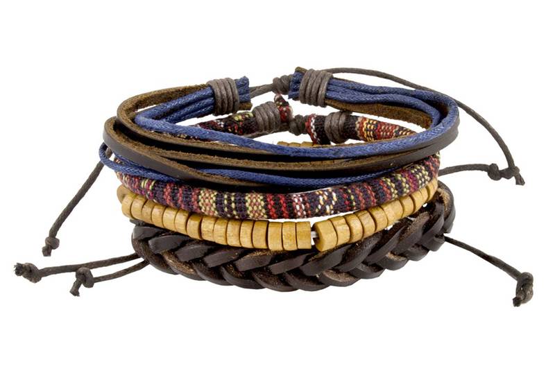 Vintage Biker Multi Strand Leather Cotton Thread Wood Beads Free Size Wrist Band Strap Bracelet Boys Men