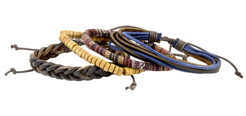 Vintage Biker Multi Strand Leather Cotton Thread Wood Beads Free Size Wrist Band Strap Bracelet Boys Men