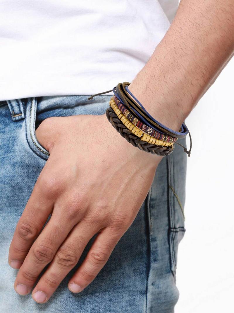 Vintage Biker Multi Strand Leather Cotton Thread Wood Beads Free Size Wrist Band Strap Bracelet Boys Men